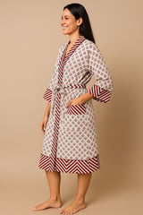 Waffle Cotton Handblock Printed Unisex Bathrobe - Free Size