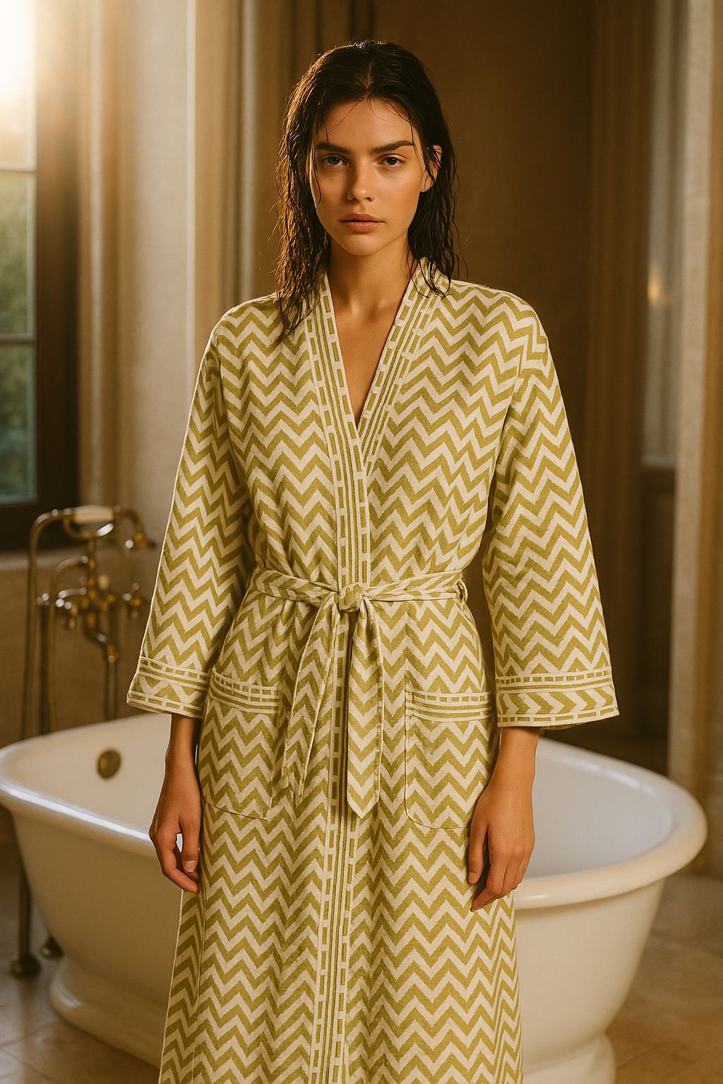 Waffle Cotton Handblock Printed Unisex Bathrobe - Free Size