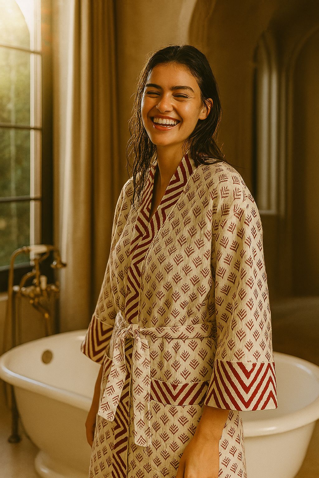 Waffle Cotton Handblock Printed Unisex Bathrobe - Free Size