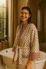 Waffle Cotton Handblock Printed Unisex Bathrobe - Free Size