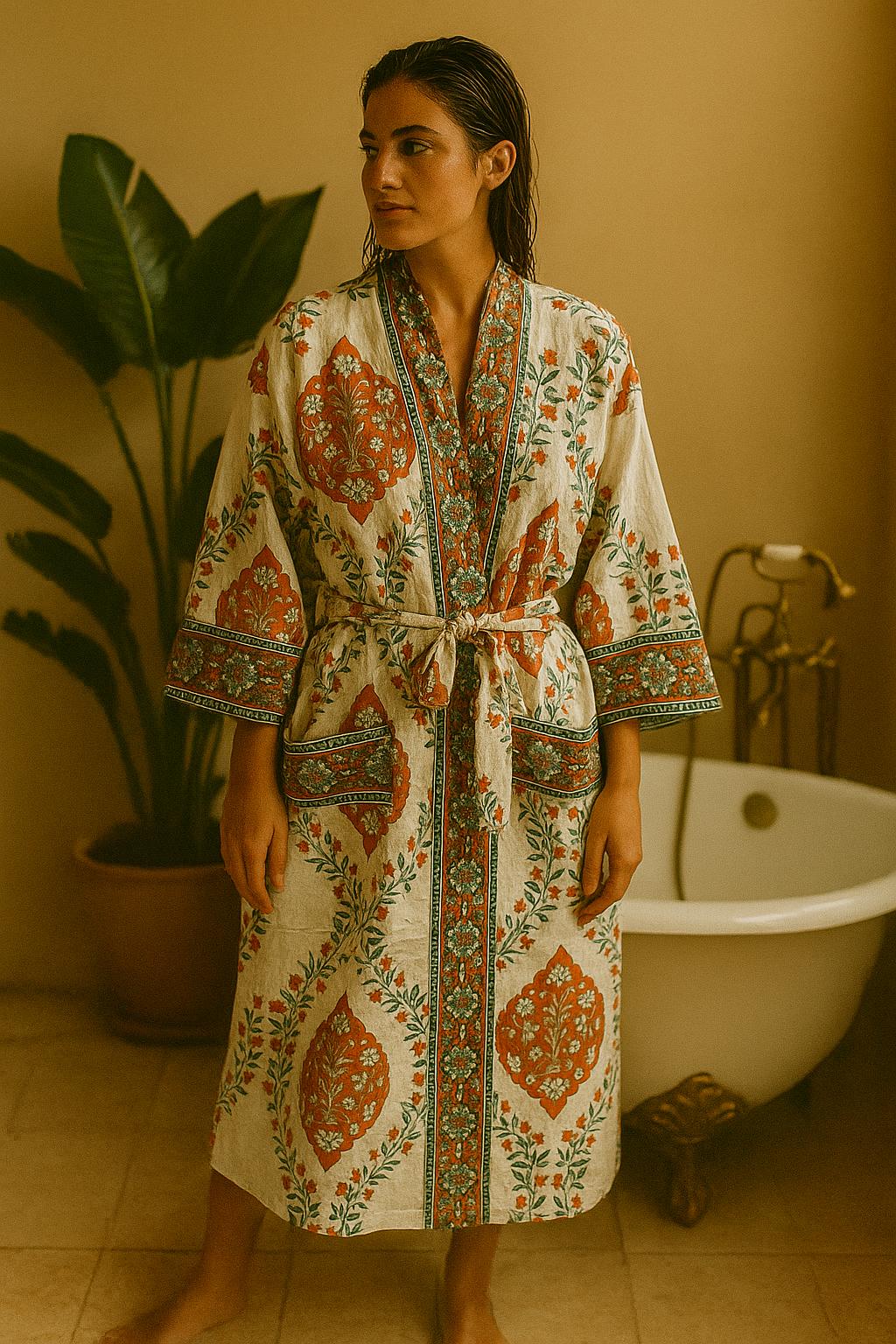 Waffle Cotton Handblock Printed Unisex Bathrobe - Free Size