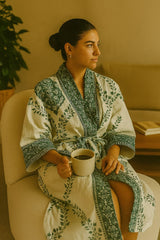 Waffle Cotton Handblock Printed Unisex Bathrobe - Free Size