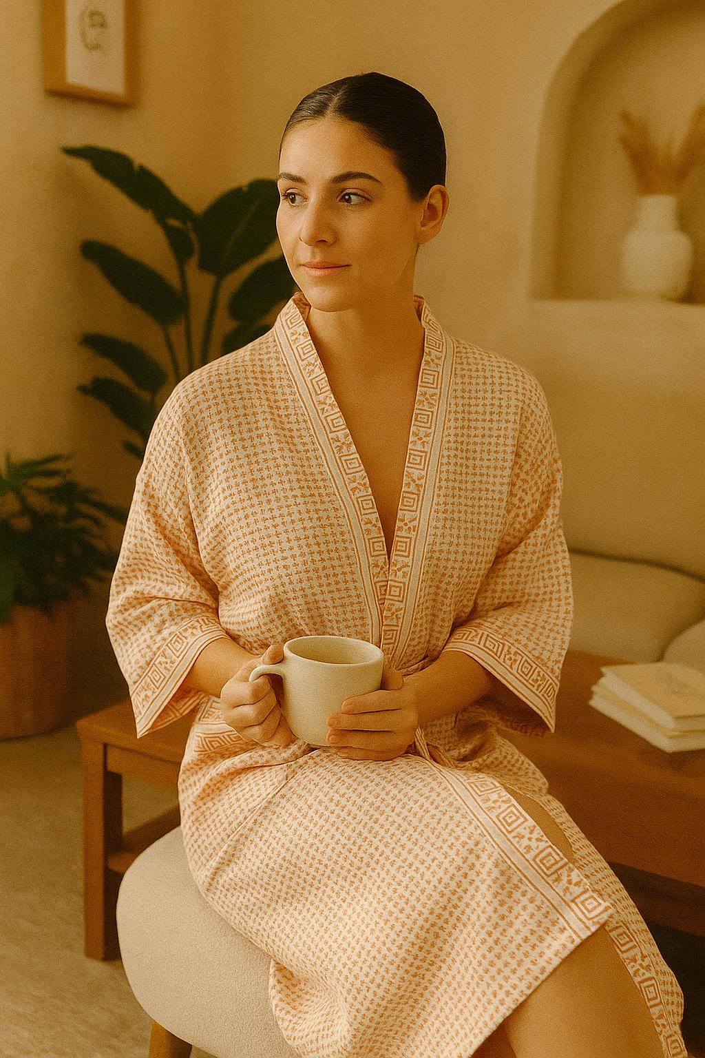 Waffle Cotton Handblock Printed Unisex Bathrobe - Free Size