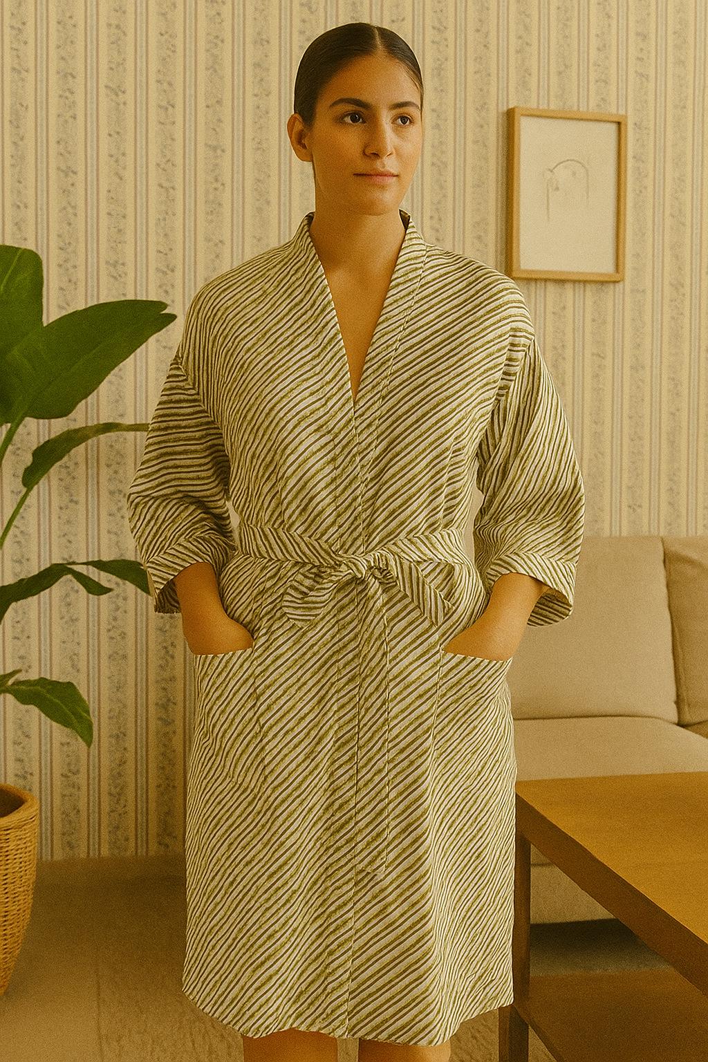 Waffle Cotton Handblock Printed Unisex Bathrobe - Free Size