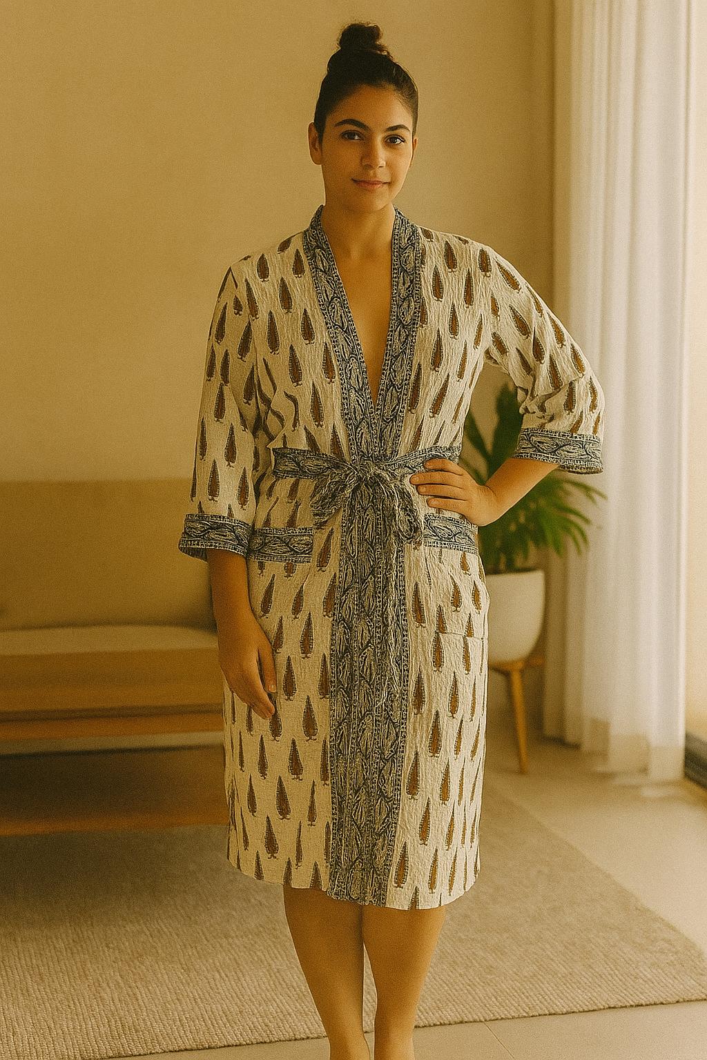 Waffle Cotton Handblock Printed Unisex Bathrobe - Free Size