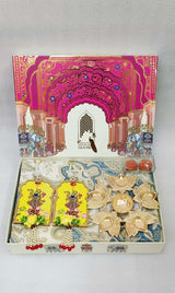 Diwali Gift Box | 1 Double Bedsheet, 1 Pair Door Hanging, 1 Metal Urli, 2 Laddoo Candles