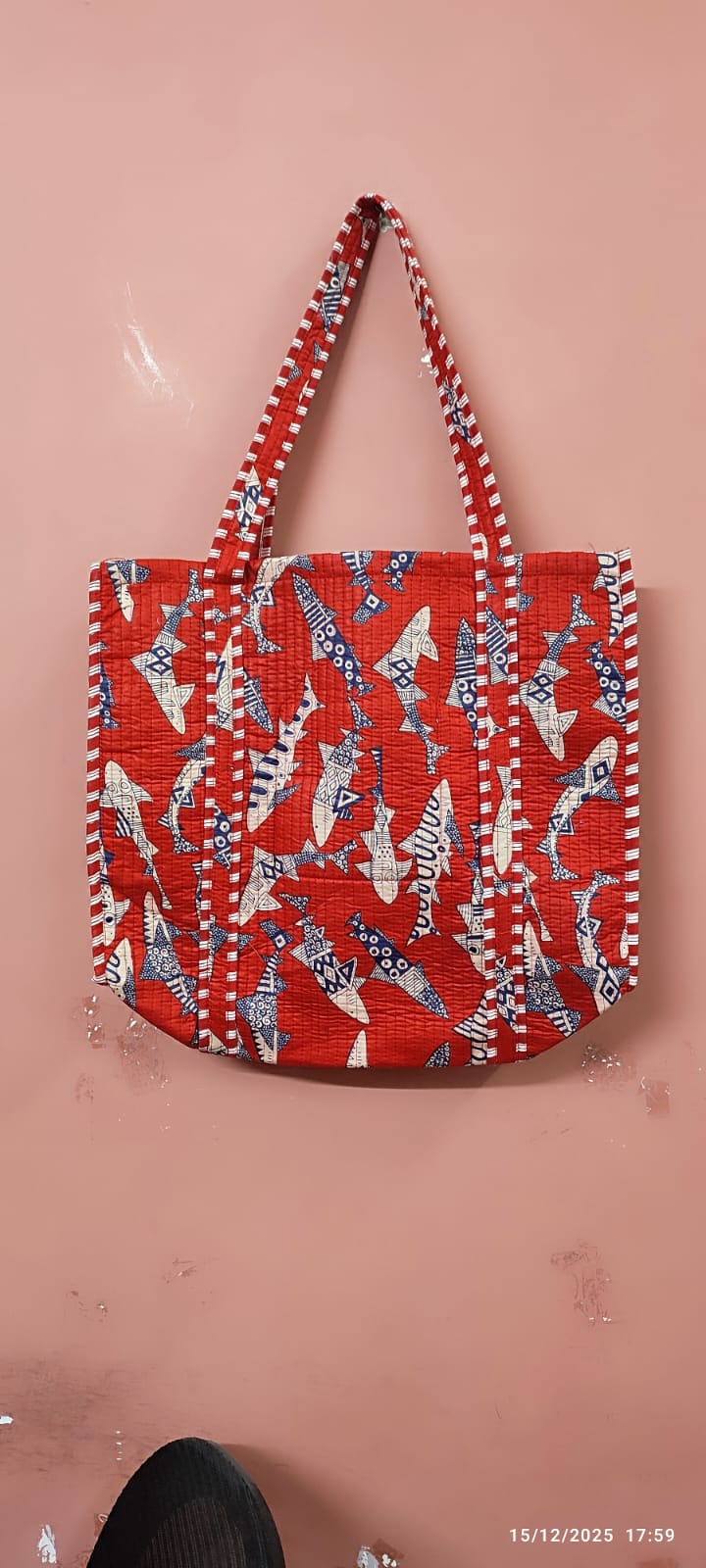 Handblock Printed Quilted Tote Bag without zip/button 17x18x 6 inches