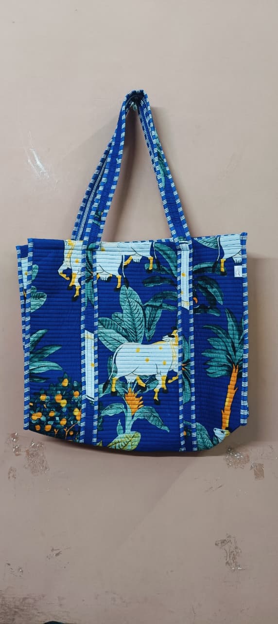 Handblock Printed Quilted Tote Bag without zip/button 17x18x 6 inches