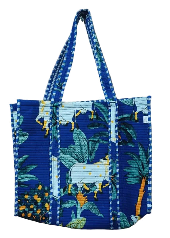 Handblock Printed Quilted Tote Bag without zip/button 17x18x 6 inches