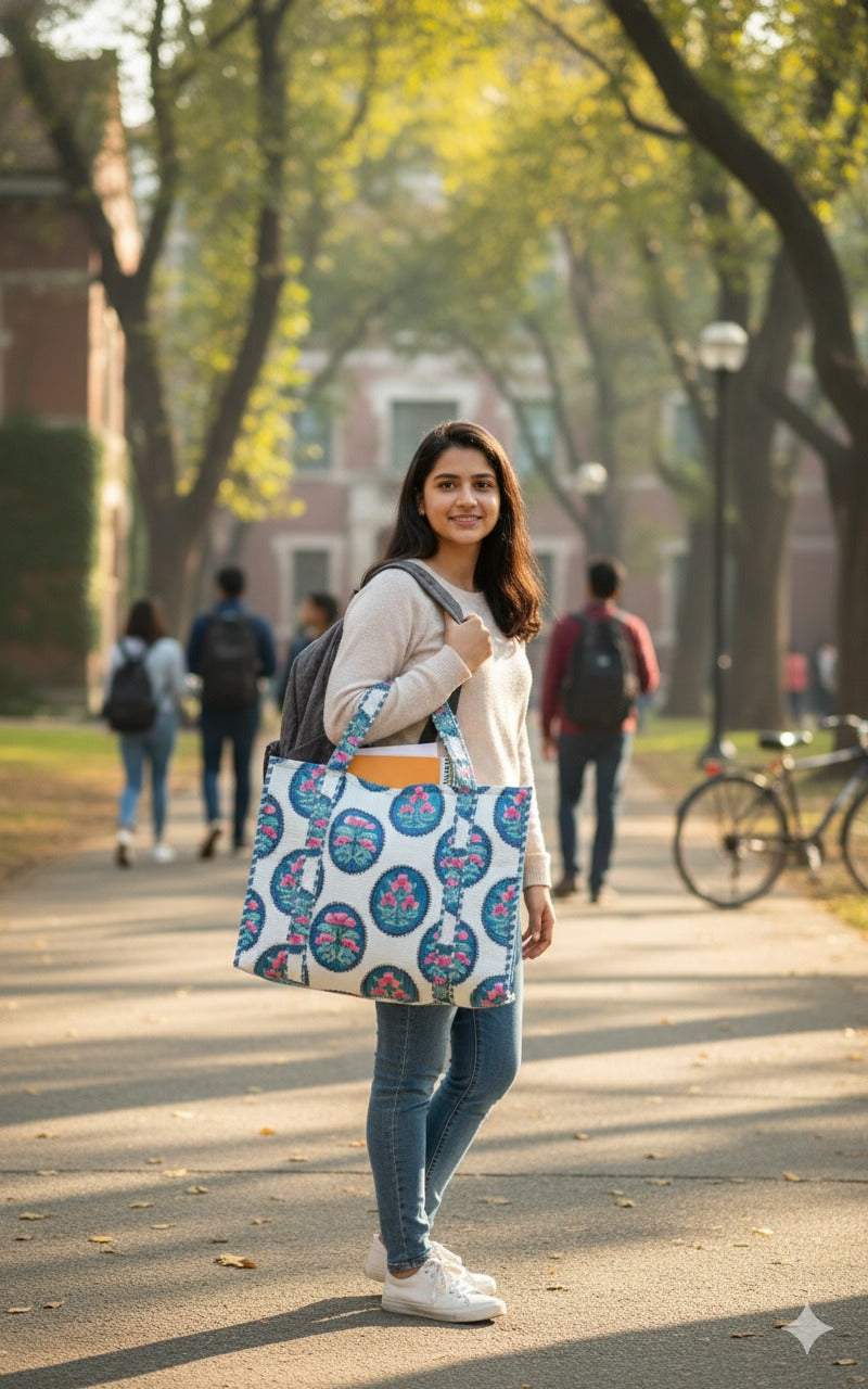 Handblock Printed Quilted Tote Bag without zip/button 17x18x 6 inches