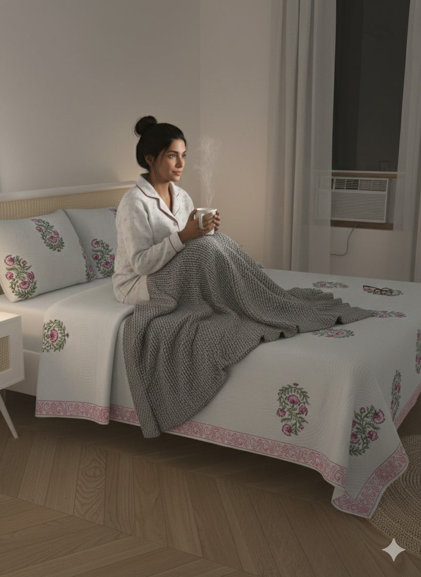 Quilted Floral Printed Reversible Bedcover with 2 Pillow Covers