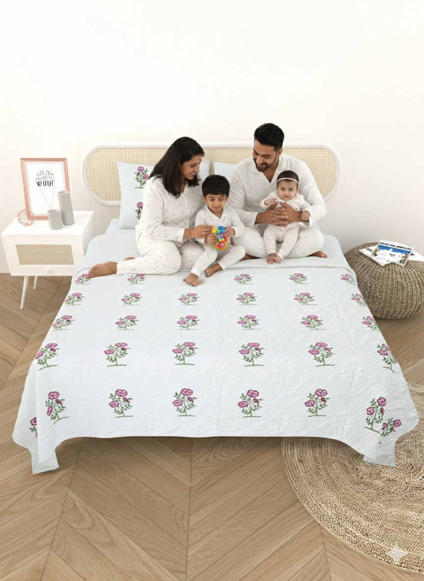 Quilted Floral Printed Reversible Bedcover with 2 Pillow Covers