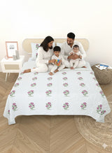 Quilted Floral Printed Reversible Bedcover with 2 Pillow Covers