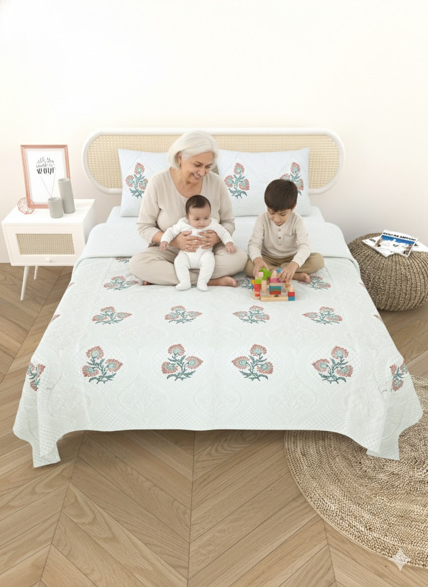 Quilted Floral Printed Reversible Bedcover with 2 Pillow Covers