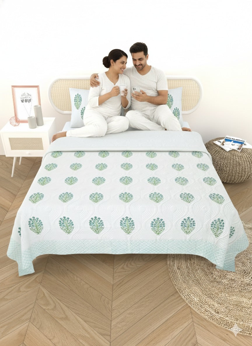 Quilted Floral Printed Reversible Bedcover with 2 Pillow Covers