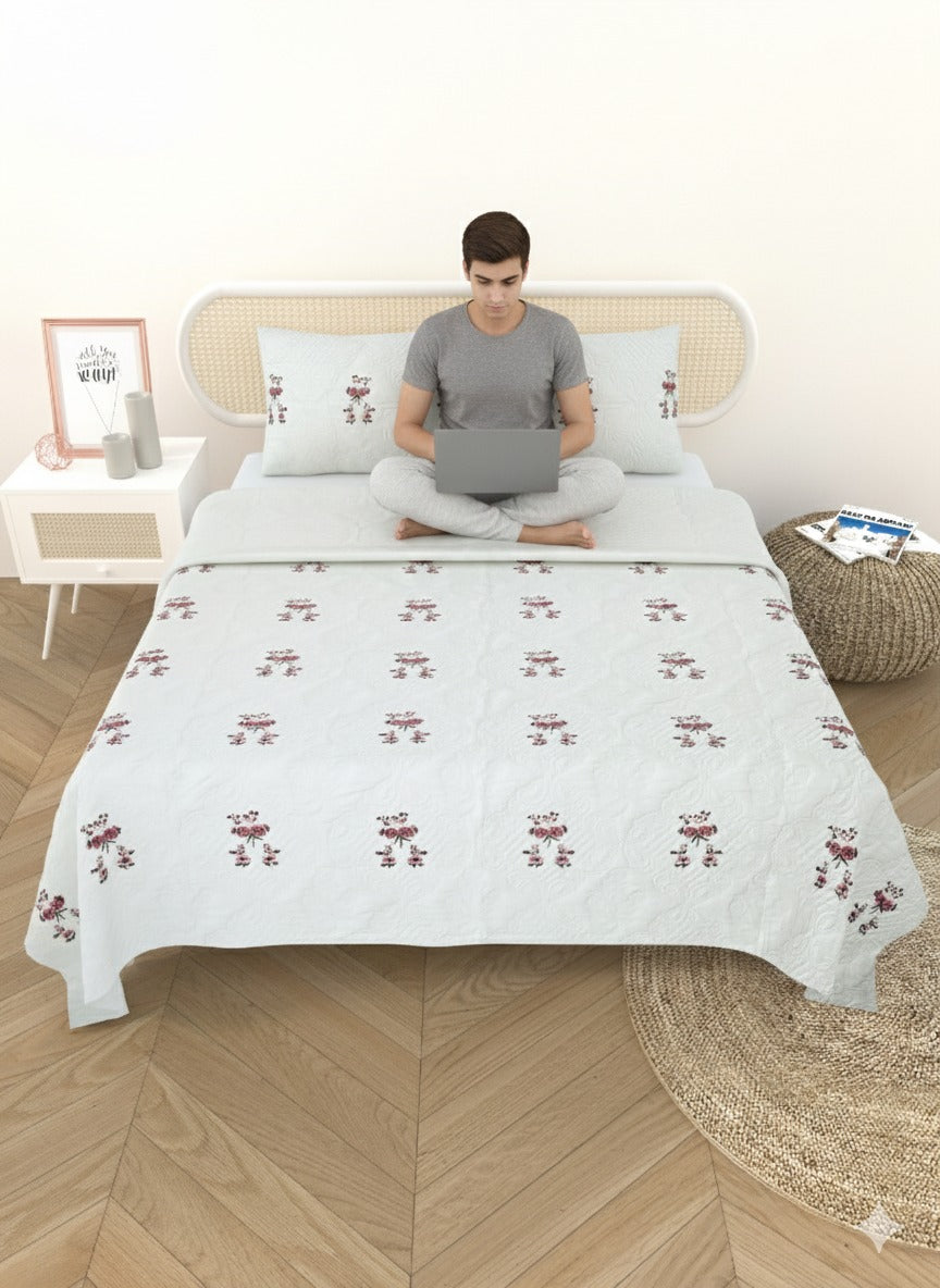 Quilted Floral Printed Reversible Bedcover with 2 Pillow Covers