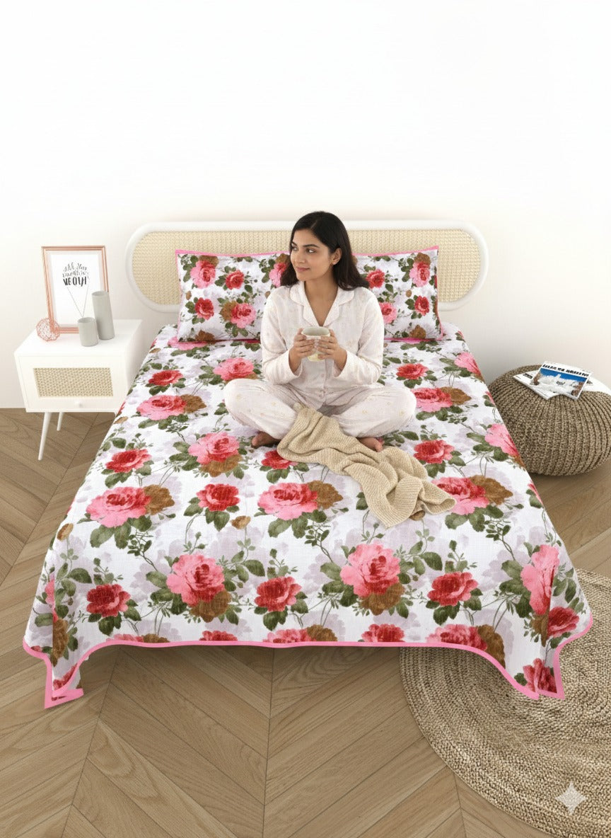 Quilted Floral Printed Reversible Bedcover with 2 Pillow Covers