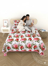 Quilted Floral Printed Reversible Bedcover with 2 Pillow Covers