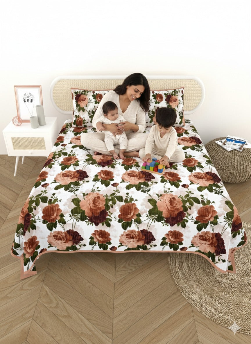 Quilted Floral Printed Reversible Bedcover with 2 Pillow Covers