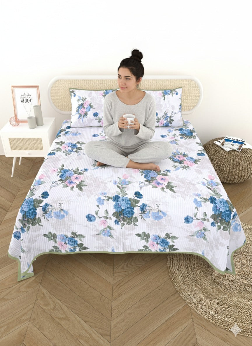 Quilted Floral Printed Reversible Bedcover with 2 Pillow Covers
