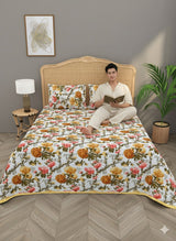 Quilted Floral Printed Reversible Bedcover with 2 Pillow Covers