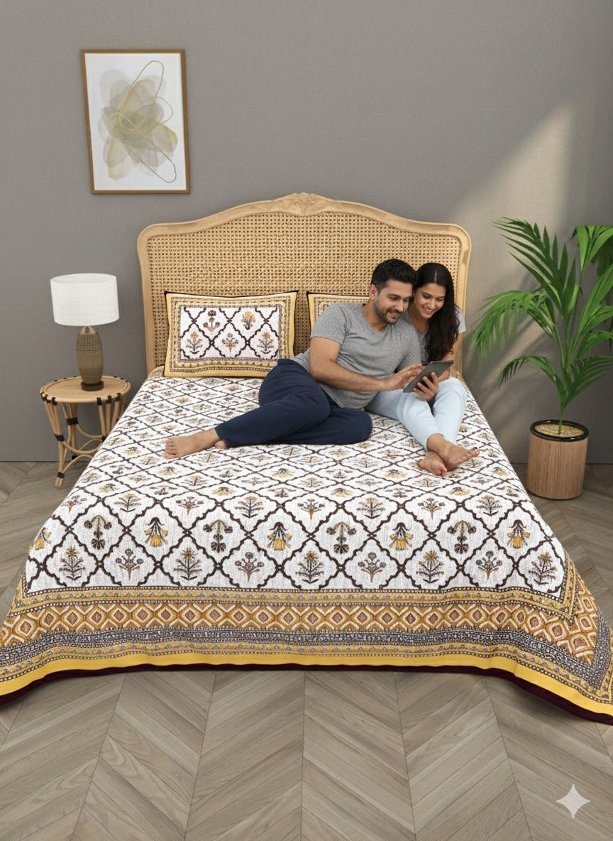 Quilted Floral Printed Reversible Bedcover with 2 Pillow Covers