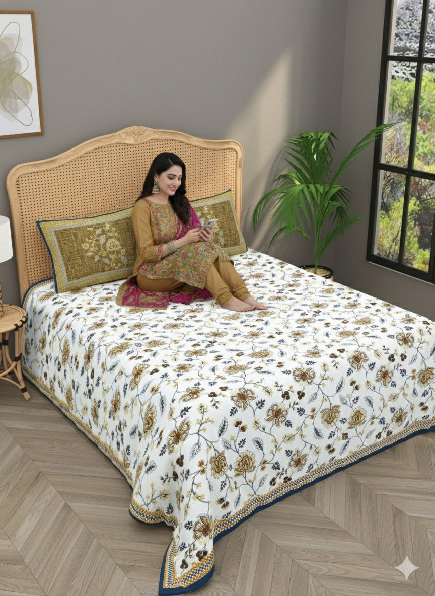 Quilted Floral Printed Reversible Bedcover with 2 Pillow Covers
