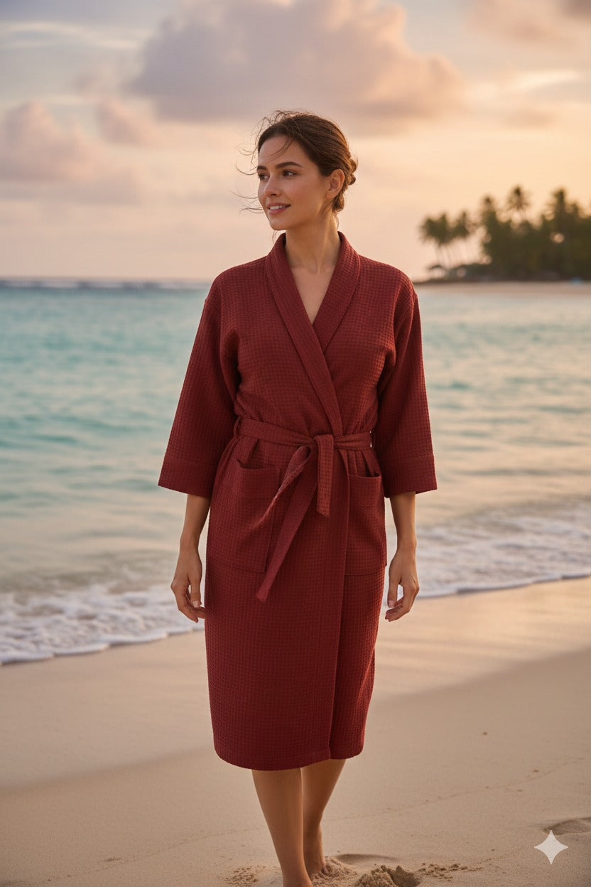 Waffle Cotton Premium Plain Style Unisex Bathrobe - Free Size