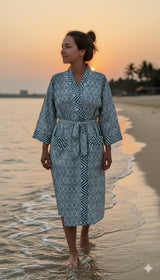 Waffle Cotton Handblock Printed Unisex Bathrobe - Free Size