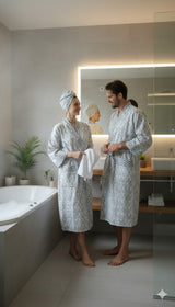 Waffle Cotton Handblock Printed Unisex Bathrobe - Free Size
