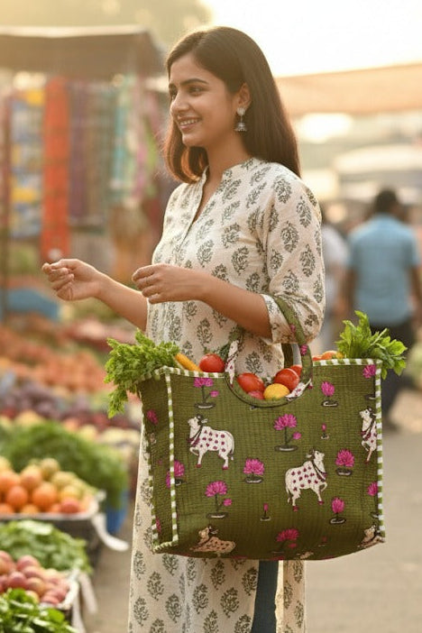 Handblock Printed Cotton Tote Bag with Unique Moon-Shaped Handle- 14x14x6 inches
