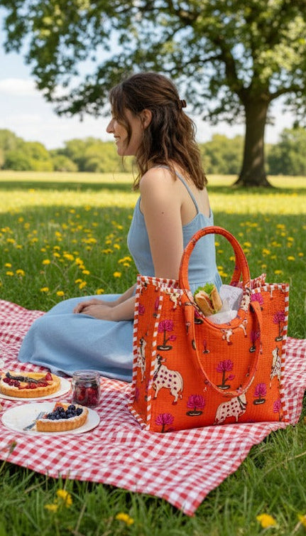 Handblock Printed Cotton Tote Bag with Unique Moon-Shaped Handle- 14x14x6 inches