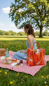 Handblock Printed Cotton Tote Bag with Unique Moon-Shaped Handle- 14x14x6 inches