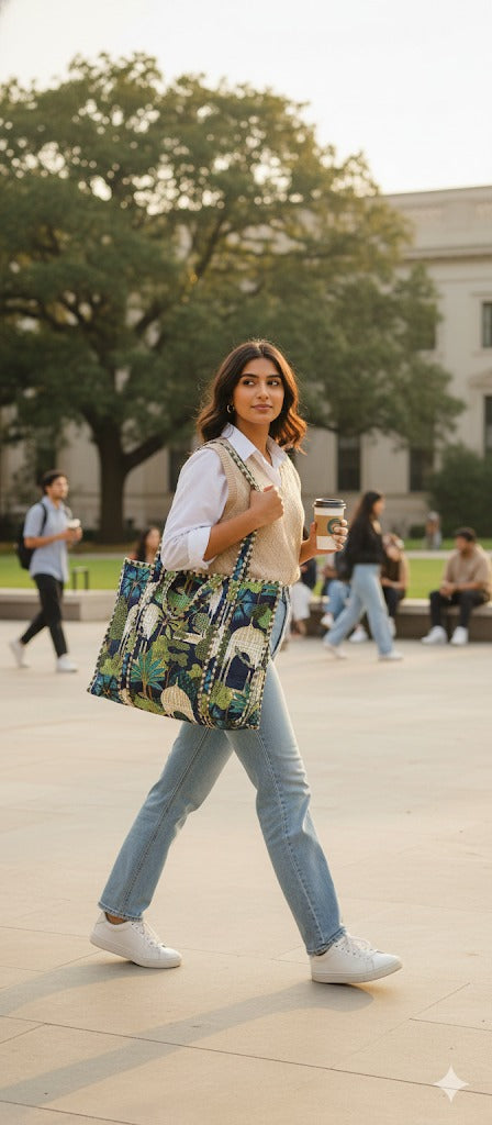 Handblock Printed Quilted Tote Bag with concealed zip ( 17x18x 6 inches)