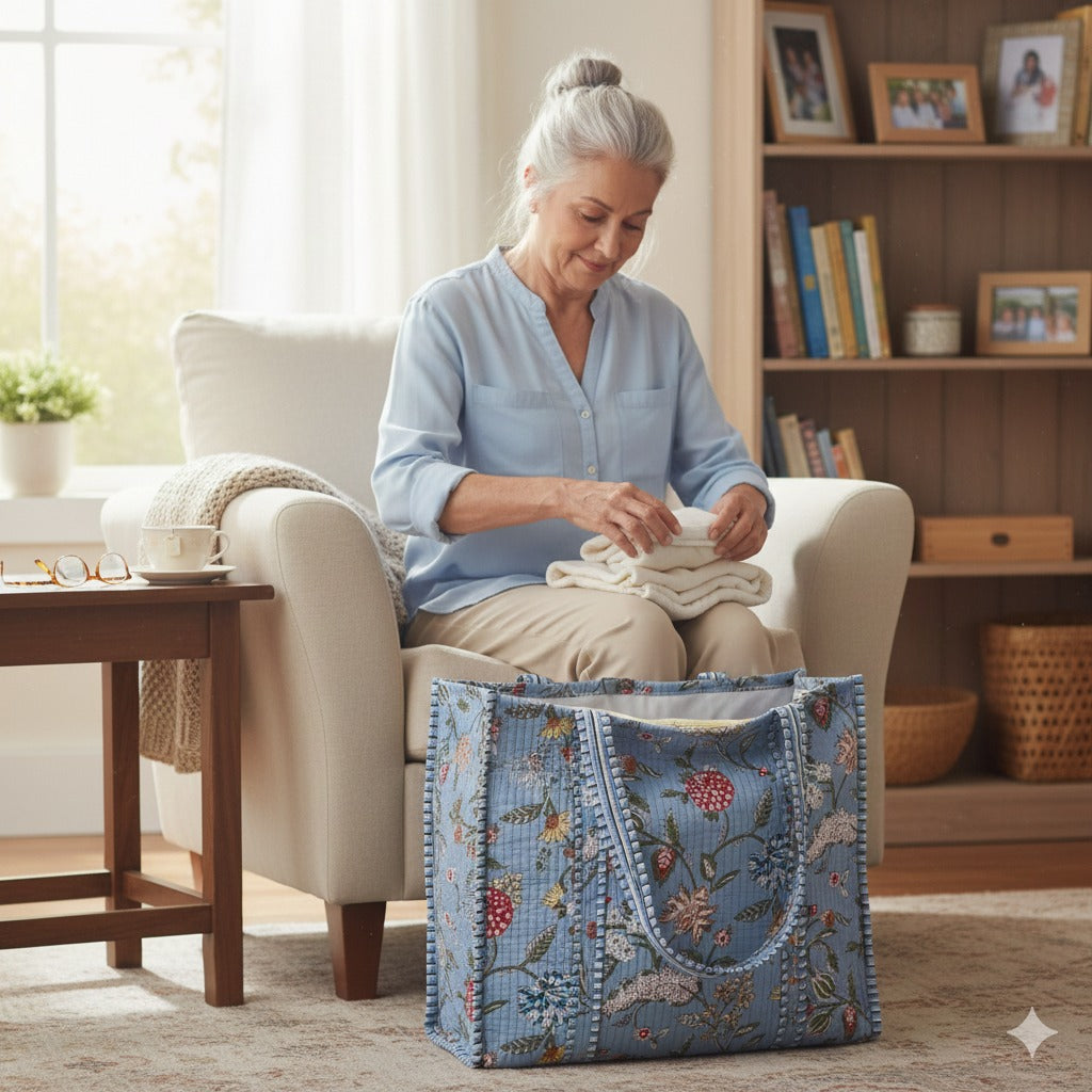 Handblock Printed Quilted Tote Bag without zip/button 17x18x 6 inches