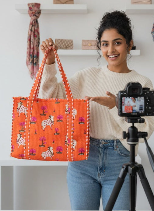 Handblock Printed Quilted Tote Bag without zip/button 17x18x 6 inches