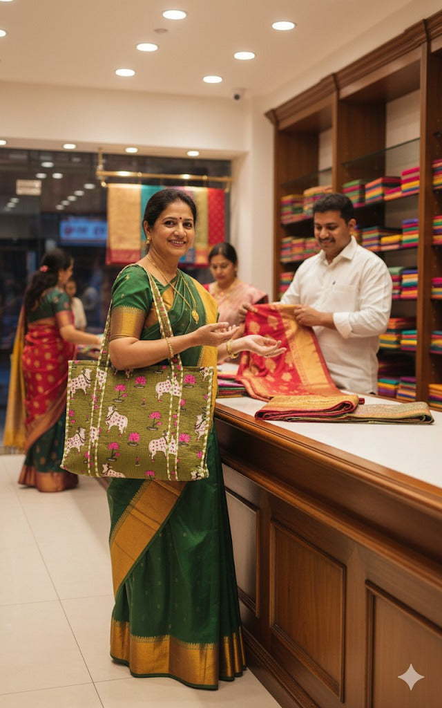 Handblock Printed Quilted Tote Bag without zip/button 17x18x 6 inches