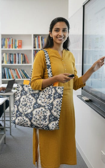 Handblock Printed Quilted Tote Bag without zip/button 17x18x 6 inches