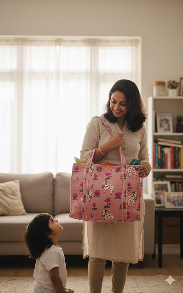 Handblock Printed Quilted Tote Bag with concealed zip ( 17x18x 6 inches)