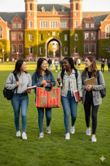 Handblock Printed Cotton Tote Bag with Unique Moon-Shaped Handle- 14x14x6 inches
