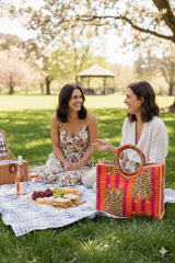 Handblock Printed Cotton Tote Bag with Unique Moon-Shaped Handle- 14x14x6 inches