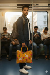 Handblock Printed Cotton Tote Bag with Unique Moon-Shaped Handle- 14x14x6 inches