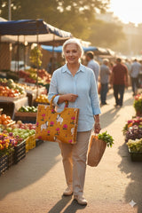 Handblock Printed Cotton Tote Bag with Unique Moon-Shaped Handle- 14x14x6 inches