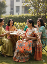 Handblock Printed Cotton Tote Bag with Unique Moon-Shaped Handle- 14x14x6 inches