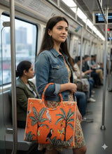 Handblock Printed Cotton Tote Bag with Unique Moon-Shaped Handle- 14x14x6 inches