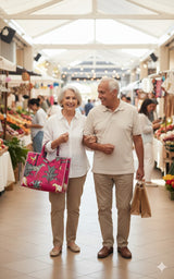 Handblock Printed Cotton Tote Bag with Unique Moon-Shaped Handle- 14x14x6 inches