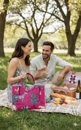 Handblock Printed Cotton Tote Bag with Unique Moon-Shaped Handle- 14x14x6 inches