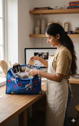 Handblock Printed Cotton Tote Bag with Unique Moon-Shaped Handle- 14x14x6 inches