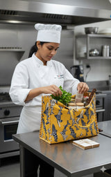 Handblock Printed Cotton Tote Bag with Unique Moon-Shaped Handle- 14x14x6 inches