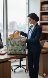 Handblock Printed Cotton Tote Bag with Unique Moon-Shaped Handle- 14x14x6 inches